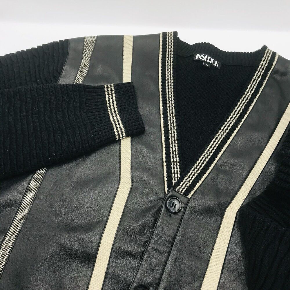 INSERCH Men's Sweater Black w Faux Leather Cotton Blend Class Long Sleeve Size L